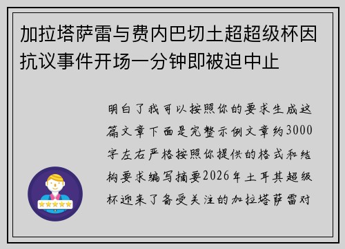 加拉塔萨雷与费内巴切土超超级杯因抗议事件开场一分钟即被迫中止