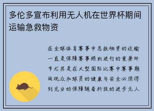 多伦多宣布利用无人机在世界杯期间运输急救物资 多伦多宣布利用无人机在世界杯期间运输急救物资