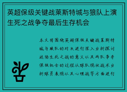 英超保级关键战莱斯特城与狼队上演生死之战争夺最后生存机会 英超保级关键战莱斯特城与狼队上演生死之战争夺最后生存机会